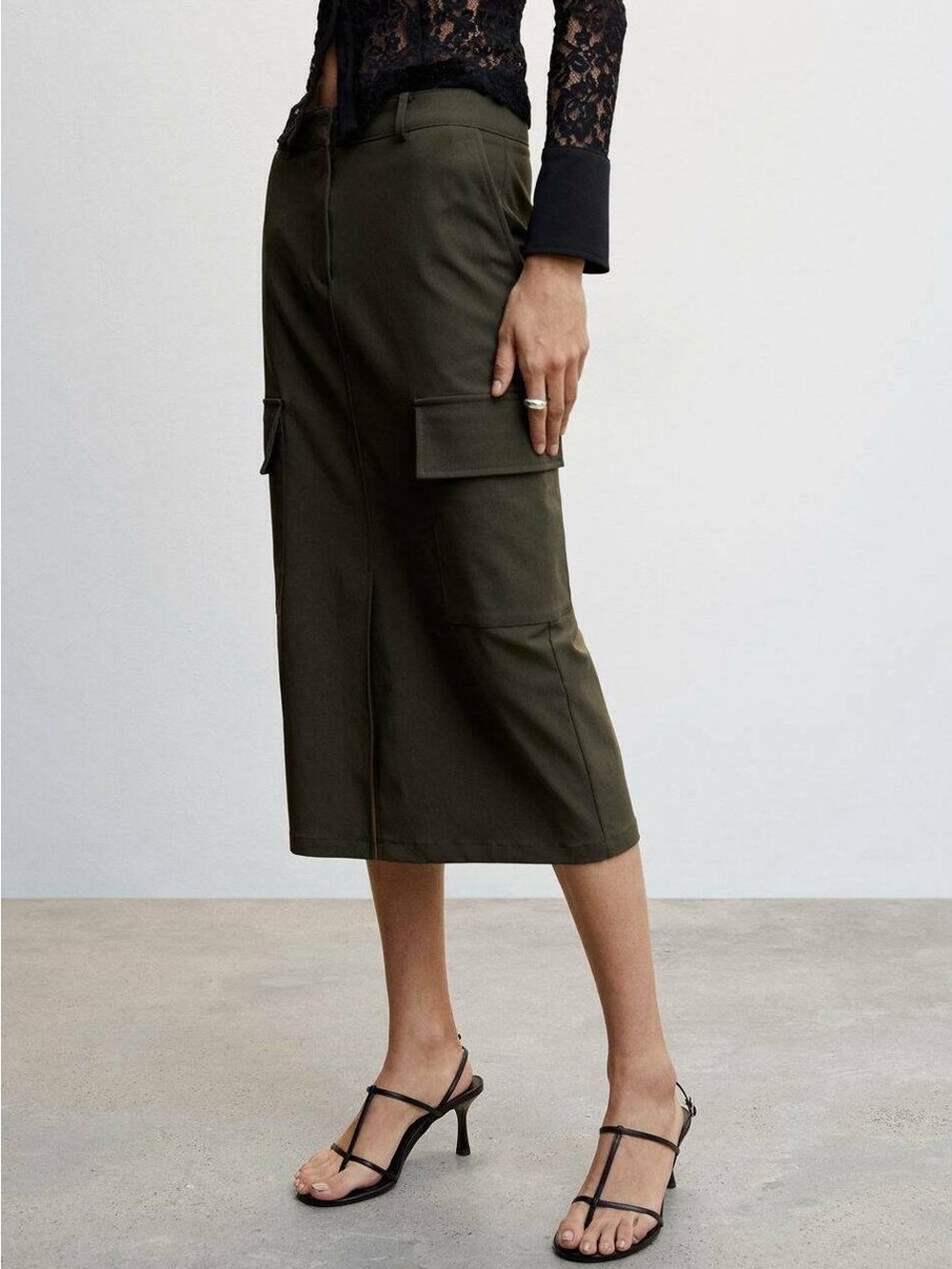 MNG Mango Army Green Utility Pencil Midi Skirt Size USA 12